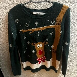 ONLY Women's Festive Green Sweater with Reindeer Design